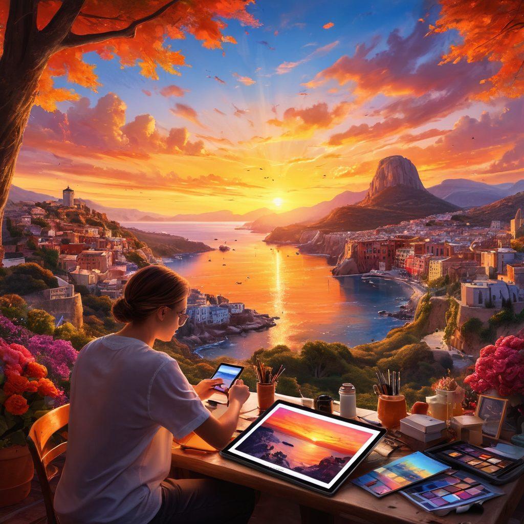 A captivating blend of a photographer capturing a stunning sunset with a digital artist illustrating vibrant visuals on a tablet, surrounded by sketches and color palettes, symbolizing the fusion of photography and digital art. The background features iconic landmarks, natural landscapes, and colorful abstract art to emphasize creative inspiration. Artistic lighting enhances the scene, creating an inviting atmosphere for storytellers. vibrant colors. super-realistic. dynamic composition.