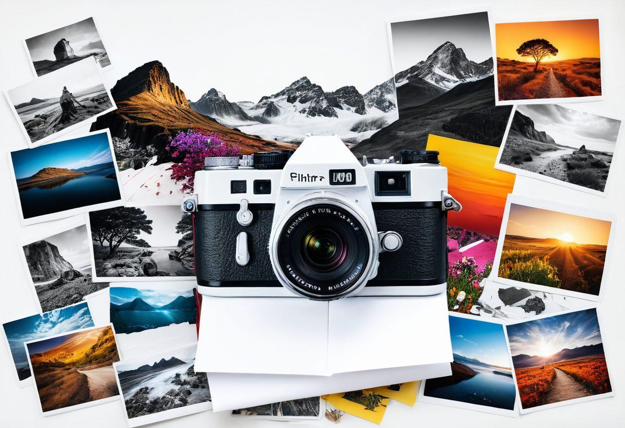 An artistic montage of a camera capturing diverse scenes, transitioning from simple snapshots to intricate photo essays, layered with vibrant colors and textures. Include elements like a collage of photographs, a notepad with creative notes, and a backdrop of a beautiful landscape. The camera appears mid-action, emphasizing creativity in photography. super-realistic. vibrant colors. white background.
